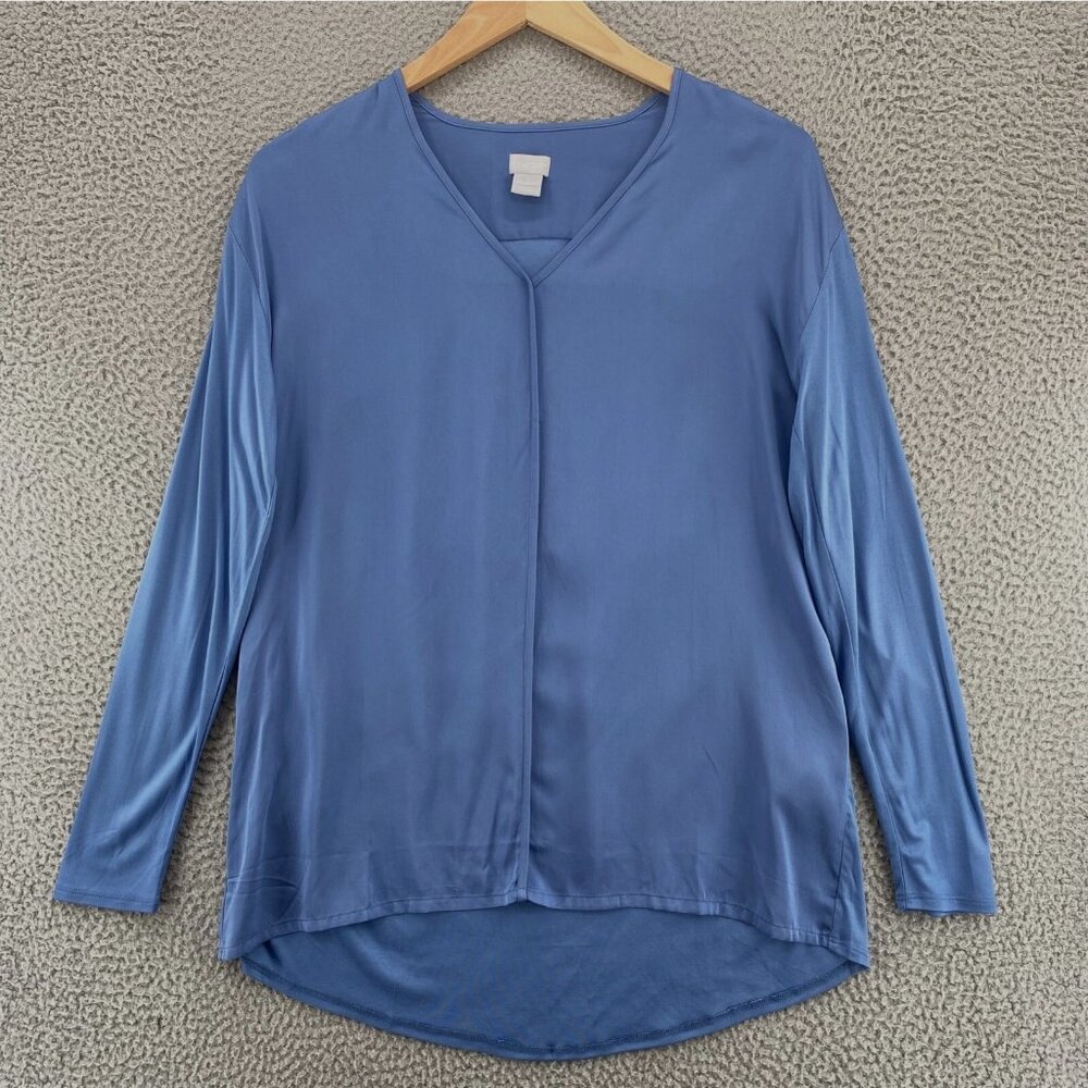 Chicos Top Womens 1 US Medium Blue Long Sleeve High Low Tunic V Neck Pullover